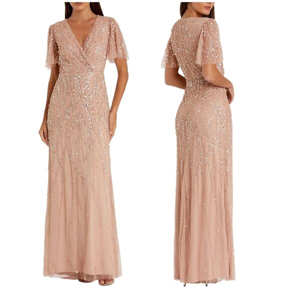 Mac Duggal NWT Pink Embellished Flutter Sleeve Gown Size 10 V-Neck Short Sleeve - Picture 1 of 10